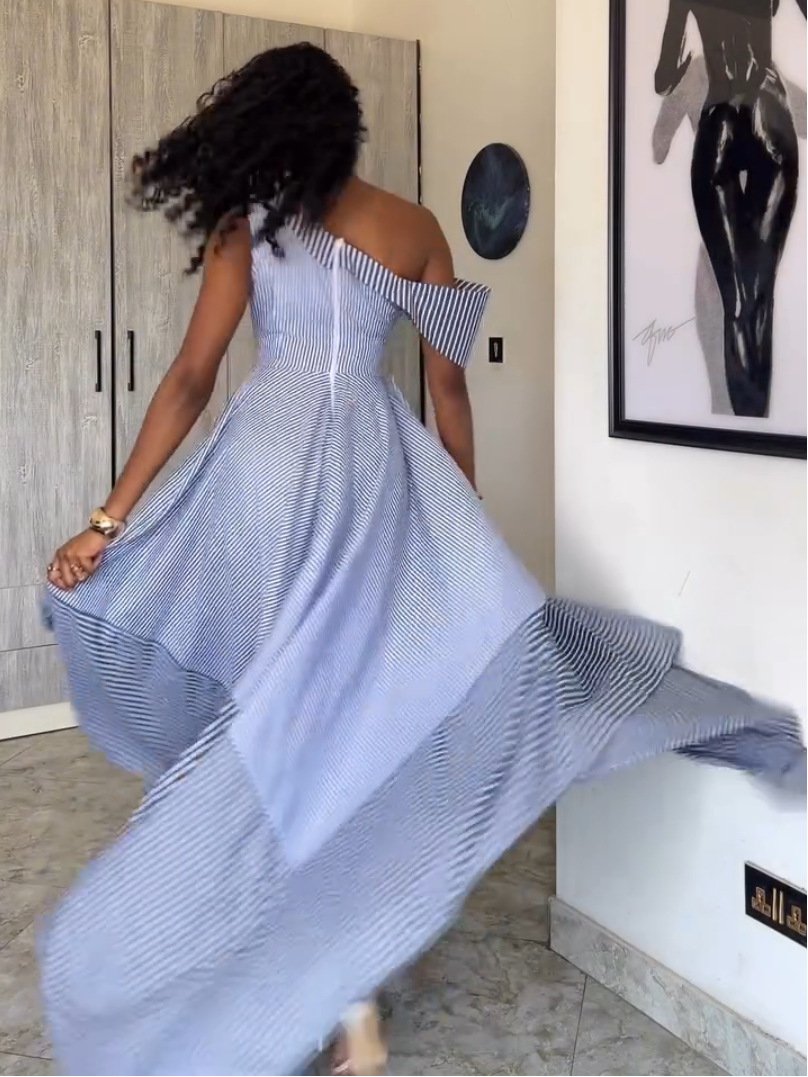 Striped One Shoulder Asymmetric Maxi Dress